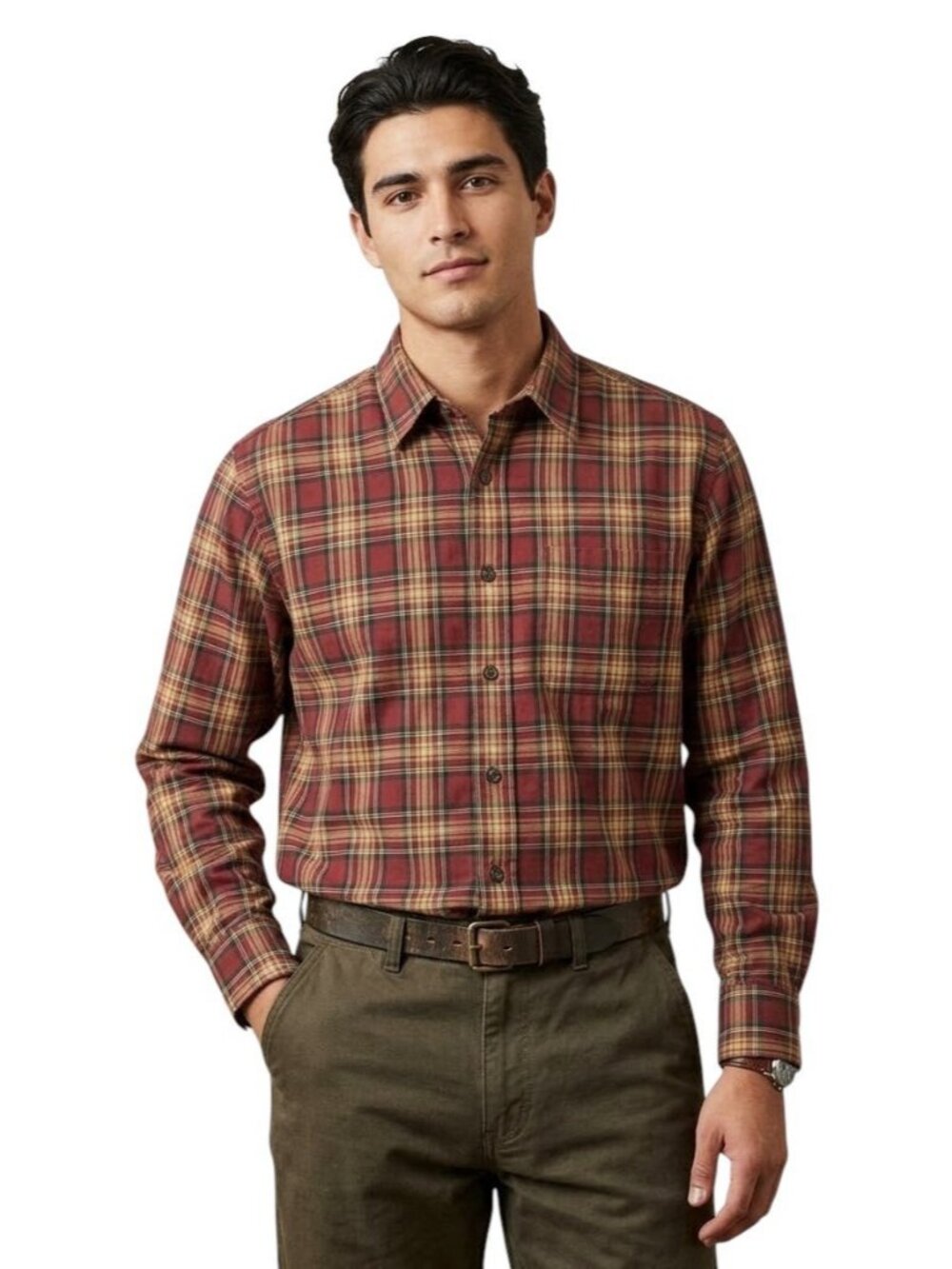 NWOT Vintage Filson Seattle Mens Medium Plaid Button Up Shirt Red Gold Cotton
